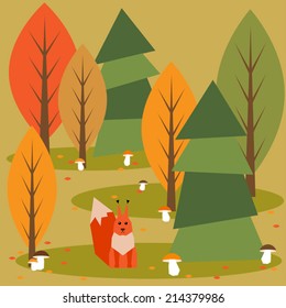 Autumn geometric forest. Graphic squirrel.