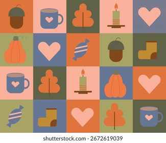 Patrón geométrico de otoño con Elementos planos tradicionales: calabazas, roble naranja, hojas, taza de café, calcetines.