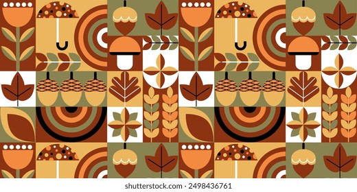 Otoño. Mosaico geométrico sin fisuras en estilo escandinavo. Póster en venta, Anuncio, portada, flyer.