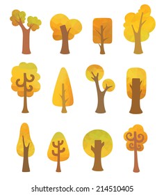 Autumn geometric trees. Twelve various trees isolated on white background. Triangles design.