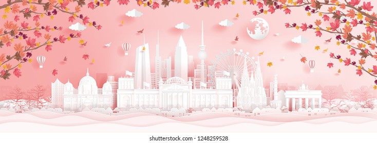 Autumn in Germany with falling maple leaves and world famous landmarks in paper cut style vector illustration