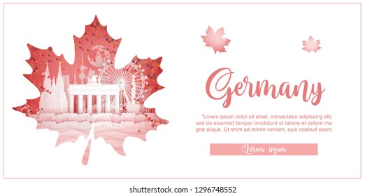 Autumn in Germany with maple leave style in season concept for travel postcard, poster, tour advertising of world famous landmarks in paper cut style. Vector illustration.