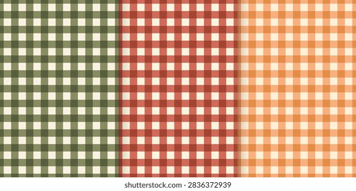 Autumn gingham seamless pattern set. Warm orange, red and green plaid check backgrounds. Print for tablecloth textile, picnic blanket and napkin. Vintage vichy checkered pattern. Vector illustration