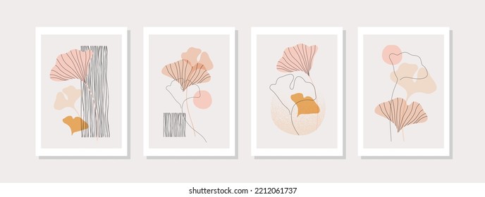 Autumn gingko leaves silhouettes, continuous line art on geometric shapes background in minimal style. Botanical floral collection. Illustration set for summer prints, cover, wall decor. Vector art