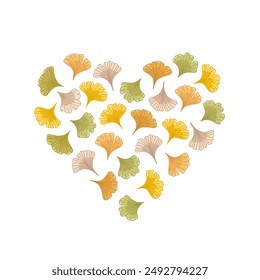 Autumn ginkgo biloba leaves in the shape of heart. Colorful vector illustration. Natural design at soft and soothing abstract leaf, nature inspired