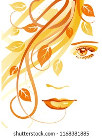 Autumn girl. Beautiful female face with brown and yellow leaves. Abstract woman with  long wavy hair. Vector illustration.