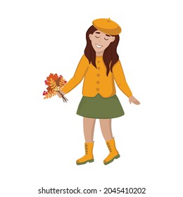 Autumn girl with a bouquet of autumn leaves, in bright clothes. Hand drawn, flat illustration vector 