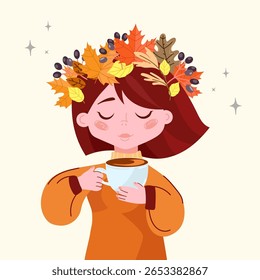 Autumn Girl with Coffee Cup and Fall Leaves Wreath. Cute girl with autumn leaves holding a cup of coffee or tea,wearing a cozy sweater,greeting cards,social media, lifestyle blogs. Vector illustration