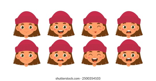 Otoño chica constructor. Colegiala en sombrero rojo con diferentes emociones y sentimientos. Kit para crear animaciones. Pack de cabezas y caras. Colección plana del Vector aislada en el fondo blanco