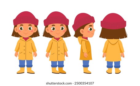 Otoño chica constructor. Colegiala con chubasquero amarillo y sombrero rojo. Kit para crear animaciones. Pack de personajes en diferentes poses. Colección plana del Vector aislada en el fondo blanco