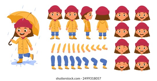 Conjunto de constructor de niña de otoño. Niño feliz que corre con el paraguas en la estación del otoño y del otoño. Pack de piernas, manos y caras para crear animación. Colección plana del Vector aislada en el fondo blanco