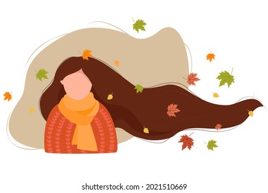 Autumn girl with developing hair and autumn leaves in a scarf and knitted sweater. Vector illustration. Character in flat style for autumn design, Decor, postcards, posters and print