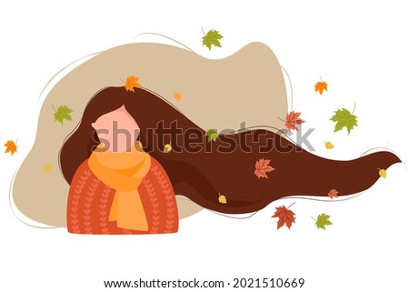 Autumn girl with developing hair and autumn leaves in a scarf and knitted sweater. Vector illustration. Character in flat style for autumn design, Decor, postcards, posters and print