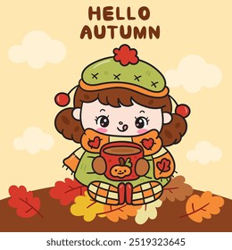 Autumn girl fall season with coffee cozy nature (cute kid). Kawaii drawing November (harvest festival) character adorable child. Perfect makes a wish for background and shirt design.