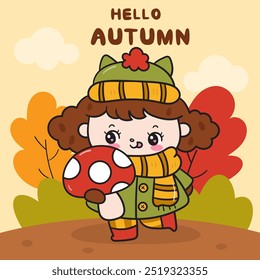 Autumn girl fall season with giant mushroom (cute kid). Kawaii drawing November (harvest festival) character adorable child. Perfect makes a wish for background and shirt design.