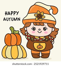 Autumn girl fall season with pumpkins (cute kid farm character). Kawaii drawing November (harvest festival) adorable child. Perfect makes a wish for background and shirt design.