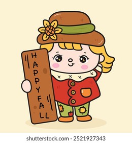 Autumn girl fall season with wood label (cute kid farm character). Kawaii drawing November (harvest festival) adorable child. Perfect makes a wish for background and shirt design.