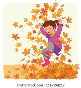 Autumn. The girl jumps and throws the yellow autumn leaves. She closed her eyes with happiness and smiles. Day. Cartoon vector