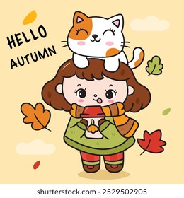 Autumn girl kid with fall cat cute kitten cartoon. Kawaii drawing November (harvest festival) character adorable child. Perfect makes a wish for background and shirt design.