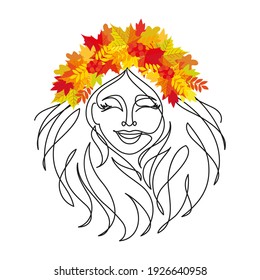 Autumn girl with long flowing hair with a wreath of leaves on her head. Isolated over white background. Vector illustration, minimalism, abstraction, lineart, continuous line. Postcard, poster, backgr