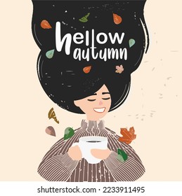 Autumn girl poster.  Hello Autumn art vector typography  with autumn color leaves. Vector illustration