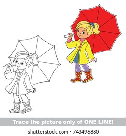 Autumn Girl with Red Umbrella to be traced only of one line, the tracing educational game to preschool kids with easy game level, the colorful and colorless version.