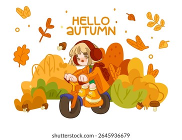 Autumn Girl Riding Balance Bike. Garota de desenho animado em roupa de outono montando uma bicicleta de equilíbrio laranja através da folhagem de outono com cogumelos, bolotas e folhas. Ilustração sazonal plana, isolada em fundo branco
