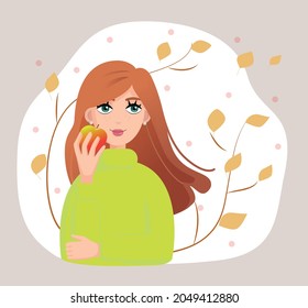 Autumn girl in a sweater holding an autumn apple vector illustration. 