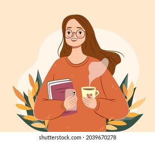 Chica de otoño con té y libros. Joven aislada en un suéter. Ilustración vectorial de caída cómoda