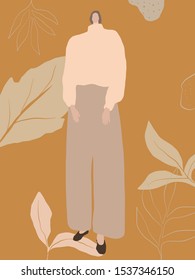 Autumn girl trendy. Modern portrait of a woman dressed in casual clothes pastel colors. Flat isometric female figure. 