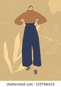 Autumn girl trendy. Modern portrait of a woman dressed in casual clothes pastel colors. Flat isometric female figure. 