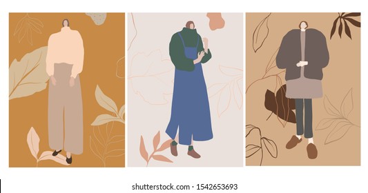 Autumn girl trendy. Modern portrait of a woman dressed in casual clothes pastel colors. Flat isometric female figure. 