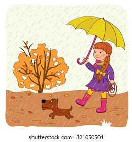 Autumn. Girl with umbrella goes under a rain with a dog, near a bush with yellowed leaves, cartoon vector