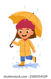 Muchacha del otoño con el paraguas. Chico de pelaje amarillo y sombrero rojo corre a través de charcos. Niño jugando en el Clima ventoso y húmedo. Lluvia en la temporada de otoño. Ilustración vectorial plana aislada sobre fondo blanco