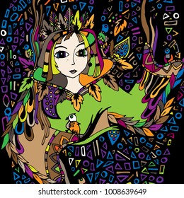 Autumn girl .Vector illustration, psychedelic pattern, doodle