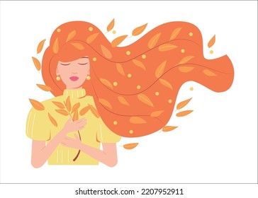 Autumn girl vector illustration. Woman with red hair holding autumn leaves. For print and decorations.