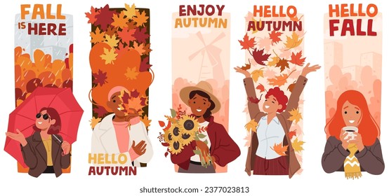 Chicas De Otoño Que Abran La Temporada Con Sudaderas Acogedoras, Hues Cálidos Y Hojas Vibrantes, Flores Y Paraguas. Personajes De Damas Que Aman A La Caída Radian La Belleza Del Otoño. Ilustración de vectores de personas de caricatura