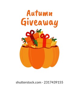 Autumn giveaway design with decorative pumpkins, acorns and colorful leaves