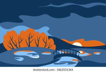 autumn gloomy northern landscape with dark clouds, sunset, yellow forest, puddles and a bridge over river.