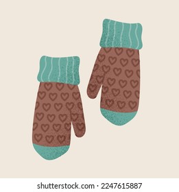 Autumn gloves icon. Brown mittens with minimalist heart patterns. Romance and love, fashion and trend, fall season. Sticker for social networks and messengers. Cartoon flat vector illustration