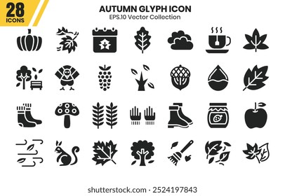Autumn glyph icon set.Vector illustration of fall season elements.
