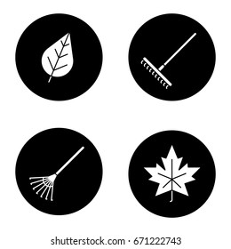 Autumn glyph icons set. Rakes, leaves. Vector white silhouettes illustrations in black circles