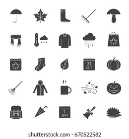 Autumn glyph icons set. September 1 and October 31 silhouette symbols. Warm clothes, autumn sale, leaves, umbrella, calendar, rake, sale, rainy weather. Vector isolated illustration