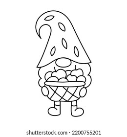 Autumn gnome with basket of apples. Ideal for coloring books, stamps, invitations and others. Doodle style. Outline vector illustration.