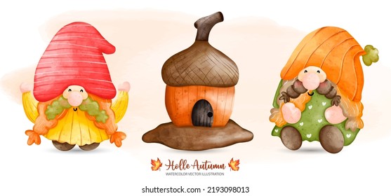 Autumn Gnome, Fall Gnome, Gnome House, Autumn or Fall Animal decor, Watercolor illustration
