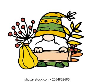 autumn gnome in flat style. hand-drawn dwarfs in doodle style with autumn elements pumpkin, berries, harvest, yellow leaf, in yellow-orange colors, isolated element for postcards on a white 