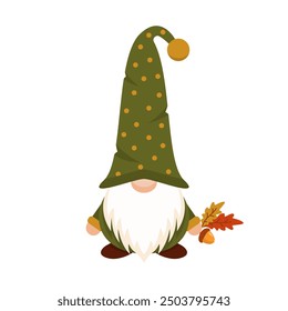 Autumn gnome in green long cap. Magic harvest character with yellow leaf and acorn in hand in hat covering his eyes with white beard as festive scandinavian symbol of wealth