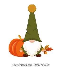 Autumn gnome with pumpkin in green cap. Magic harvest character with yellow leaf and acorn in hand in hat covering his eyes with white beard as festive scandinavian symbol of garden