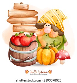 Autumn Gnome with pumpkin and wooden barrel, Fall Gnome, Fall decor, Watercolor vector illustration
