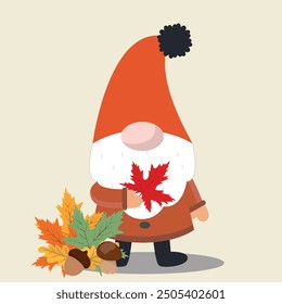 Gnomo de otoño con una hoja de arce rojo con bellotas y hojas de otoño coloridas sobre un fondo claro. Ilustración vectorial para postal, Anuncio, invitación, etiqueta engomada, tarjeta de felicitación